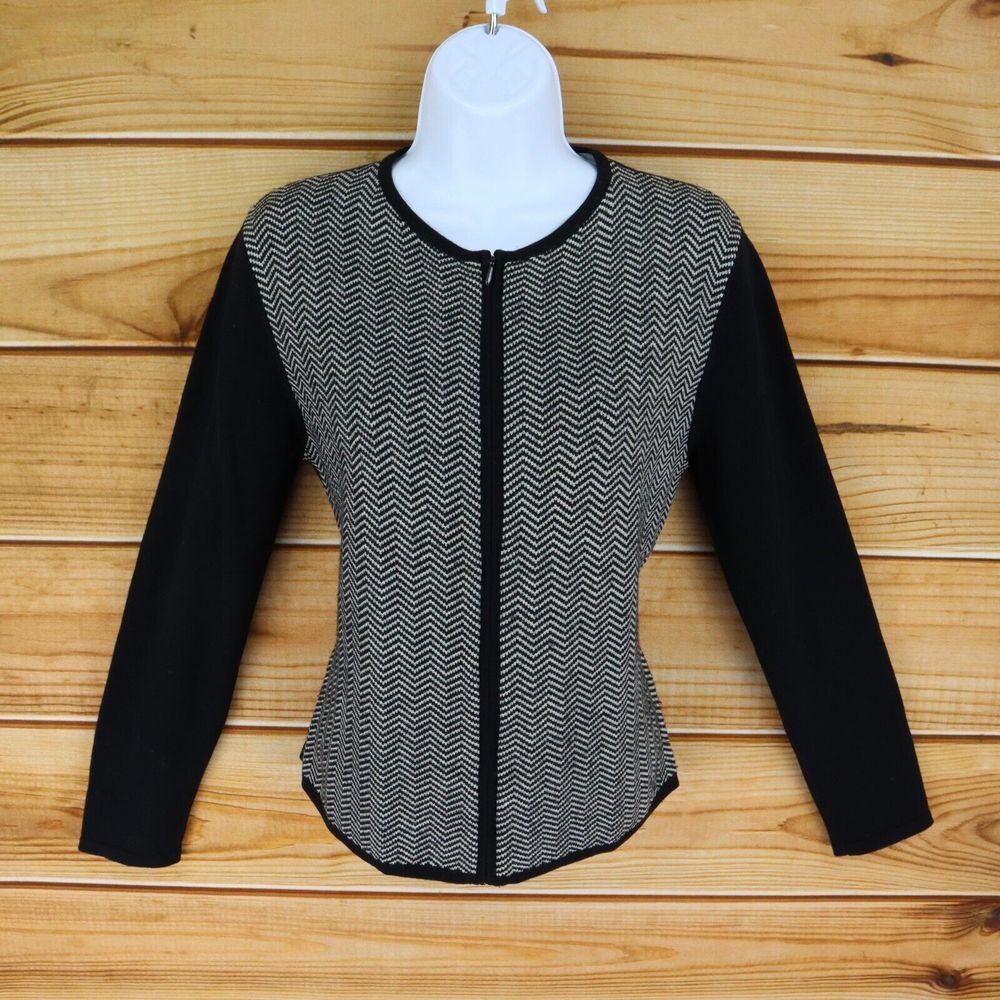 LORD & TAYLOR Full Zip Sweater Womens PM Black White Zig Zag 100% Wool Stretch
